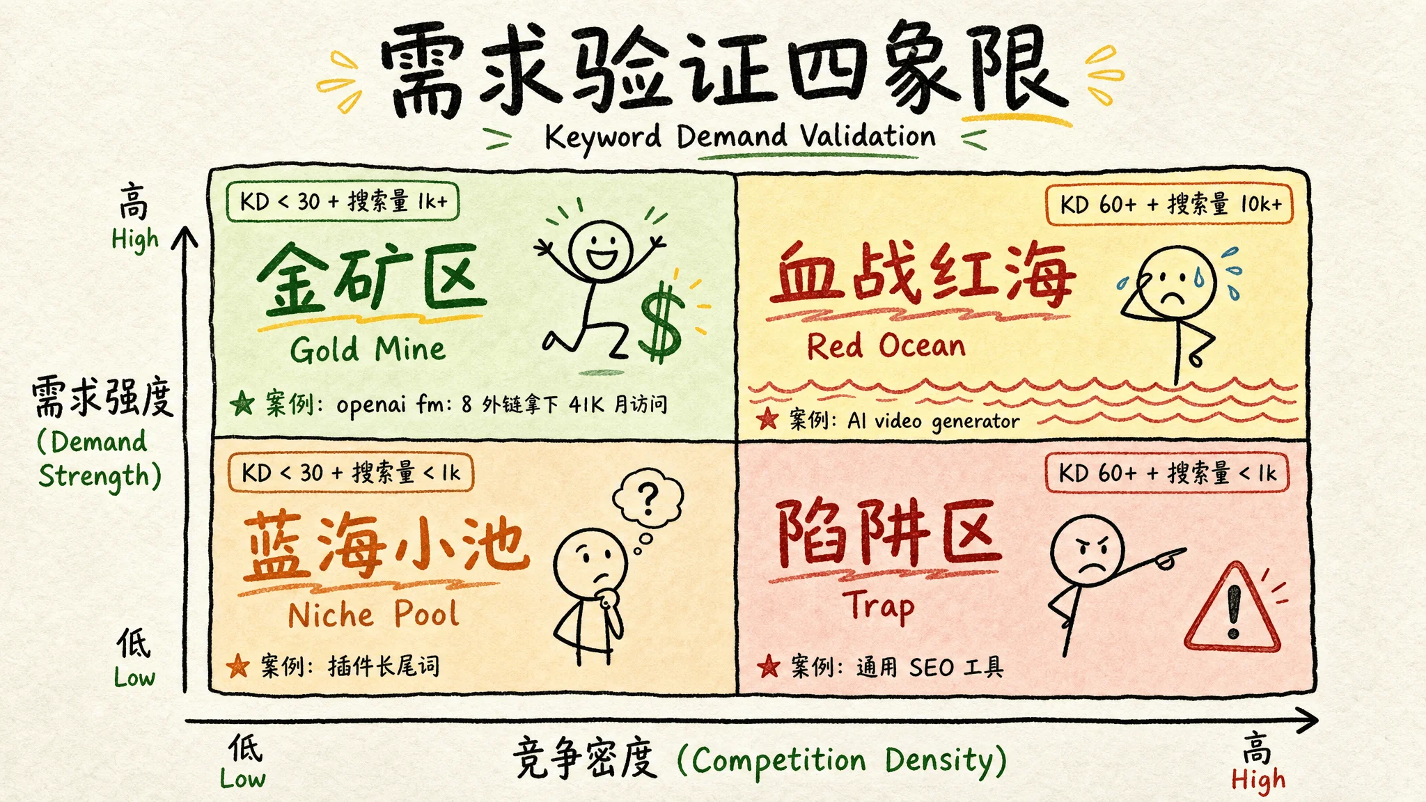图 5:需求验证四象限 — 金矿区 / 红海 / 蓝海小池 / 陷阱